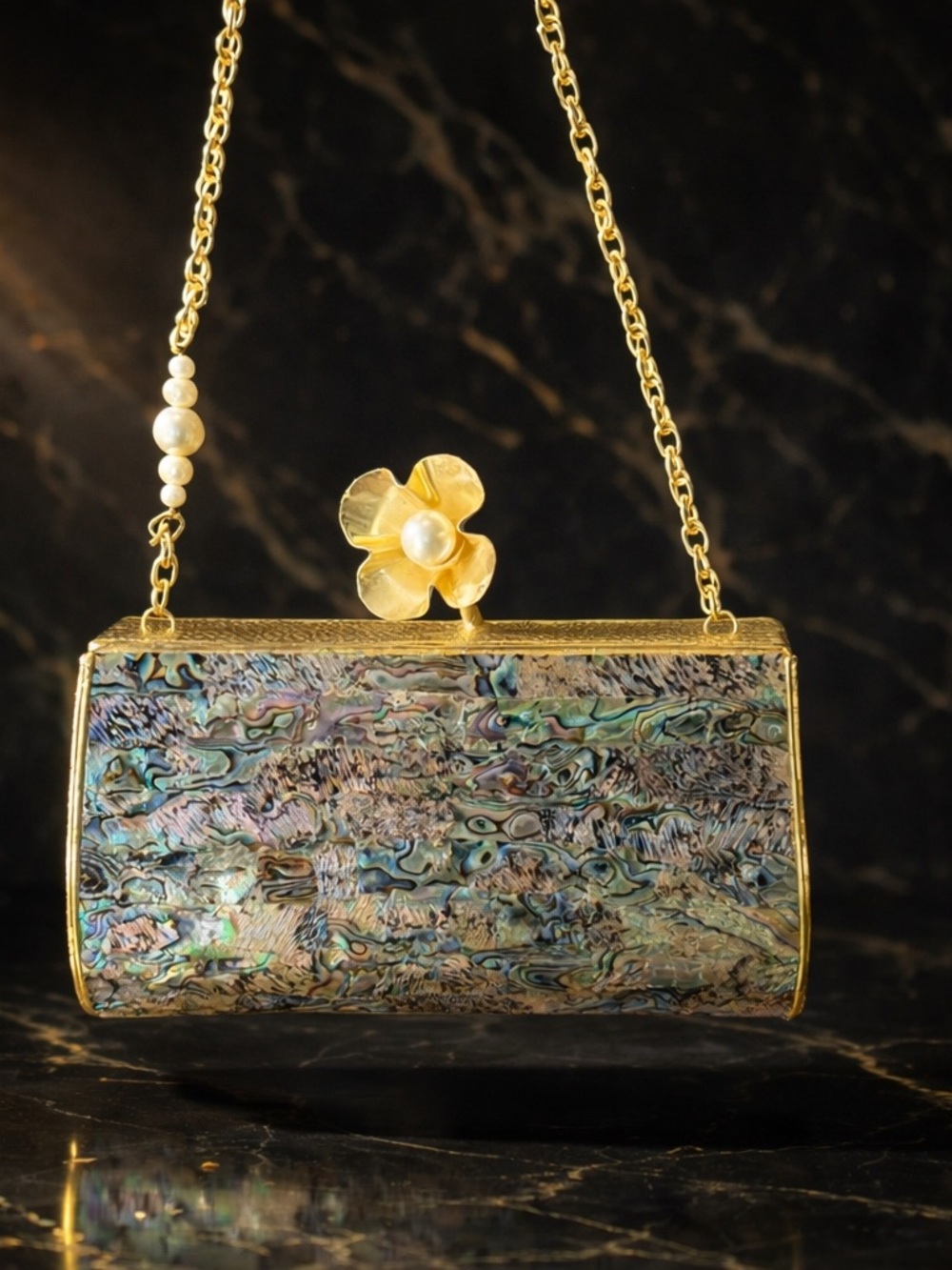 Gold-Trim Abalone Shell Evening Clutch with Floral Pearl Accent - Picture 7 of 7